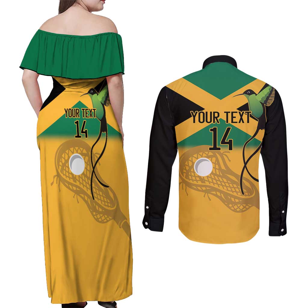 Custom Jamaica Lacrosse Couples Matching Off Shoulder Maxi Dress and Long Sleeve Button Shirt Streamertail Hummingbird With Flag - Wonder Print Shop