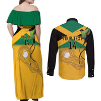 Custom Jamaica Lacrosse Couples Matching Off Shoulder Maxi Dress and Long Sleeve Button Shirt Streamertail Hummingbird With Flag - Wonder Print Shop