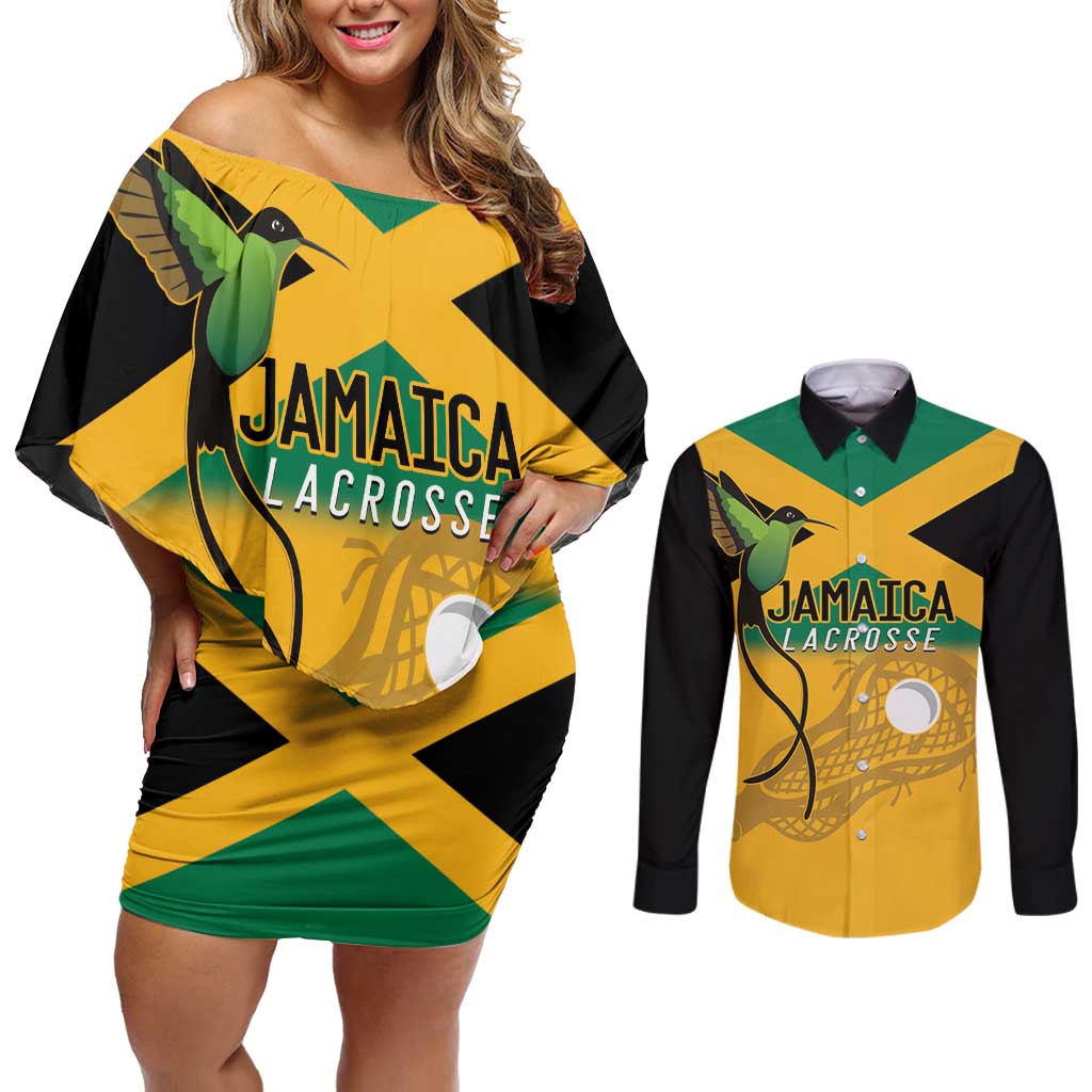 Custom Jamaica Lacrosse Couples Matching Off Shoulder Short Dress and Long Sleeve Button Shirt Streamertail Hummingbird With Flag - Wonder Print Shop