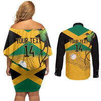 Custom Jamaica Lacrosse Couples Matching Off Shoulder Short Dress and Long Sleeve Button Shirt Streamertail Hummingbird With Flag - Wonder Print Shop