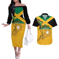 Custom Jamaica Lacrosse Couples Matching Off The Shoulder Long Sleeve Dress and Hawaiian Shirt Streamertail Hummingbird With Flag - Wonder Print Shop