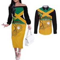 Custom Jamaica Lacrosse Couples Matching Off The Shoulder Long Sleeve Dress and Long Sleeve Button Shirt Streamertail Hummingbird With Flag - Wonder Print Shop