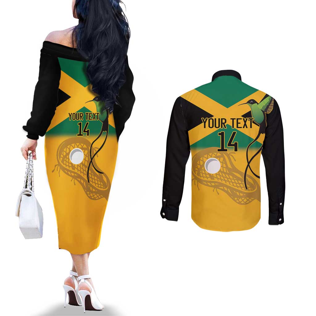 Custom Jamaica Lacrosse Couples Matching Off The Shoulder Long Sleeve Dress and Long Sleeve Button Shirt Streamertail Hummingbird With Flag - Wonder Print Shop