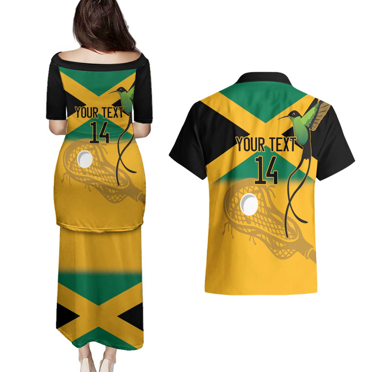 Custom Jamaica Lacrosse Couples Matching Puletasi and Hawaiian Shirt Streamertail Hummingbird With Flag - Wonder Print Shop