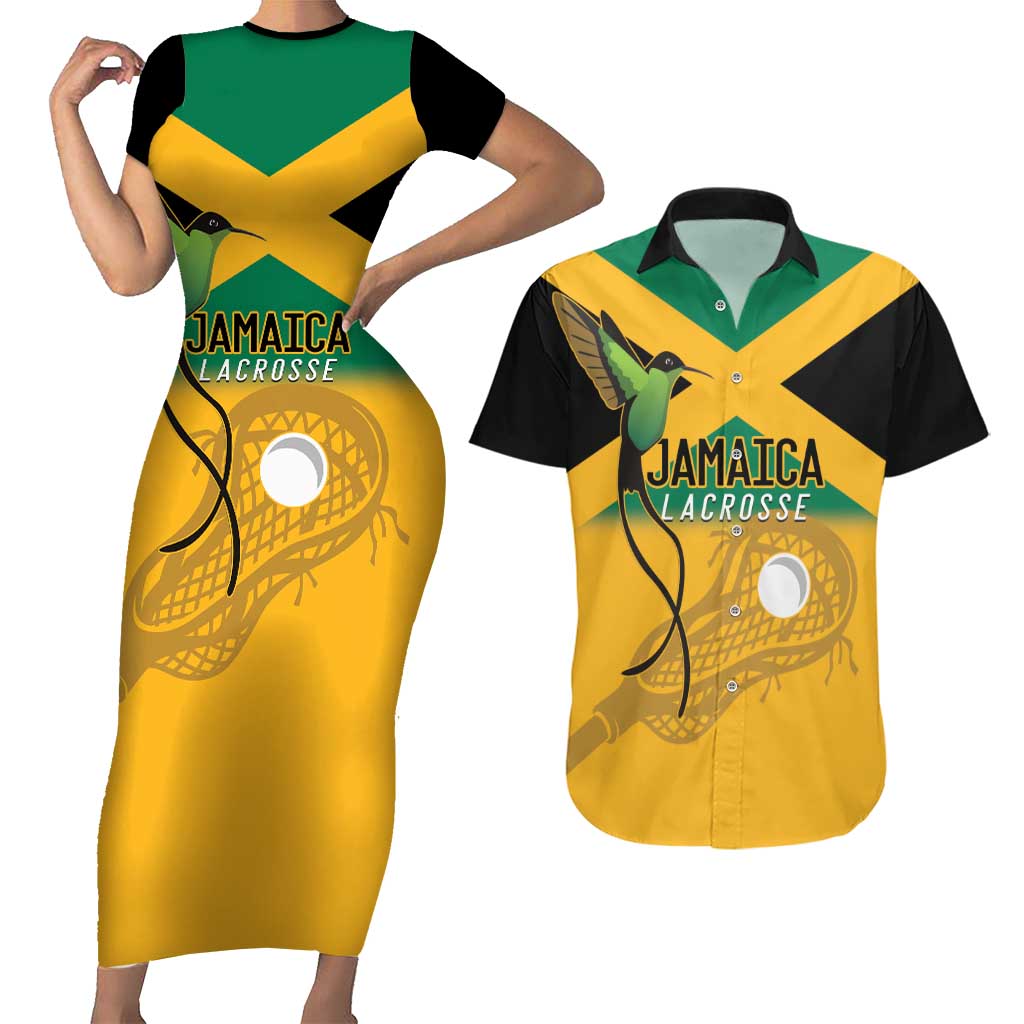 Custom Jamaica Lacrosse Couples Matching Short Sleeve Bodycon Dress and Hawaiian Shirt Streamertail Hummingbird With Flag - Wonder Print Shop