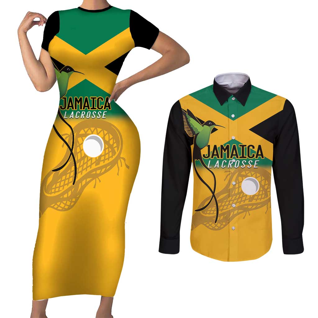 Custom Jamaica Lacrosse Couples Matching Short Sleeve Bodycon Dress and Long Sleeve Button Shirt Streamertail Hummingbird With Flag - Wonder Print Shop