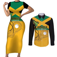 Custom Jamaica Lacrosse Couples Matching Short Sleeve Bodycon Dress and Long Sleeve Button Shirt Streamertail Hummingbird With Flag - Wonder Print Shop