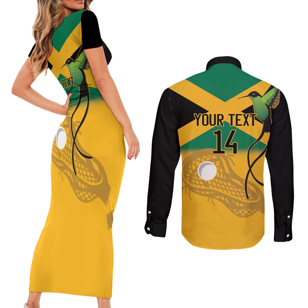 Custom Jamaica Lacrosse Couples Matching Short Sleeve Bodycon Dress and Long Sleeve Button Shirt Streamertail Hummingbird With Flag - Wonder Print Shop