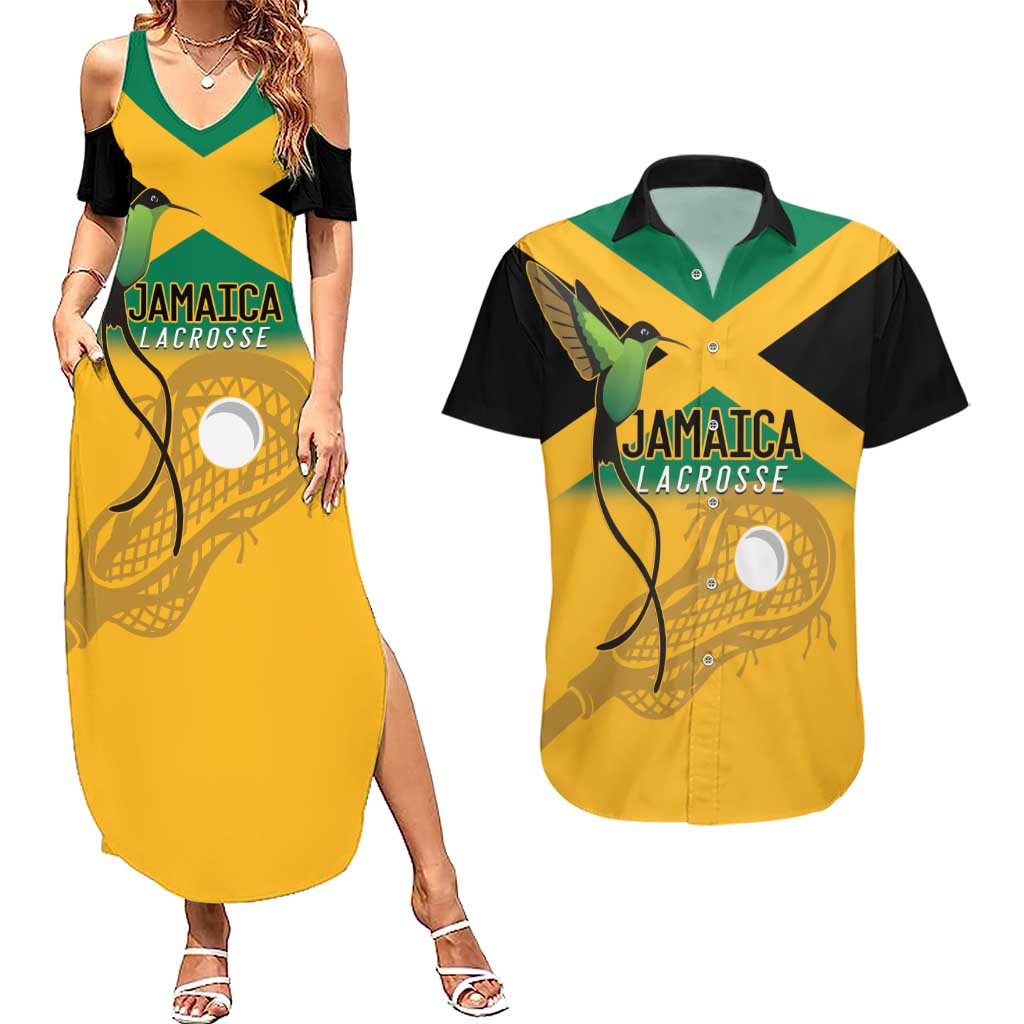 Custom Jamaica Lacrosse Couples Matching Summer Maxi Dress and Hawaiian Shirt Streamertail Hummingbird With Flag - Wonder Print Shop