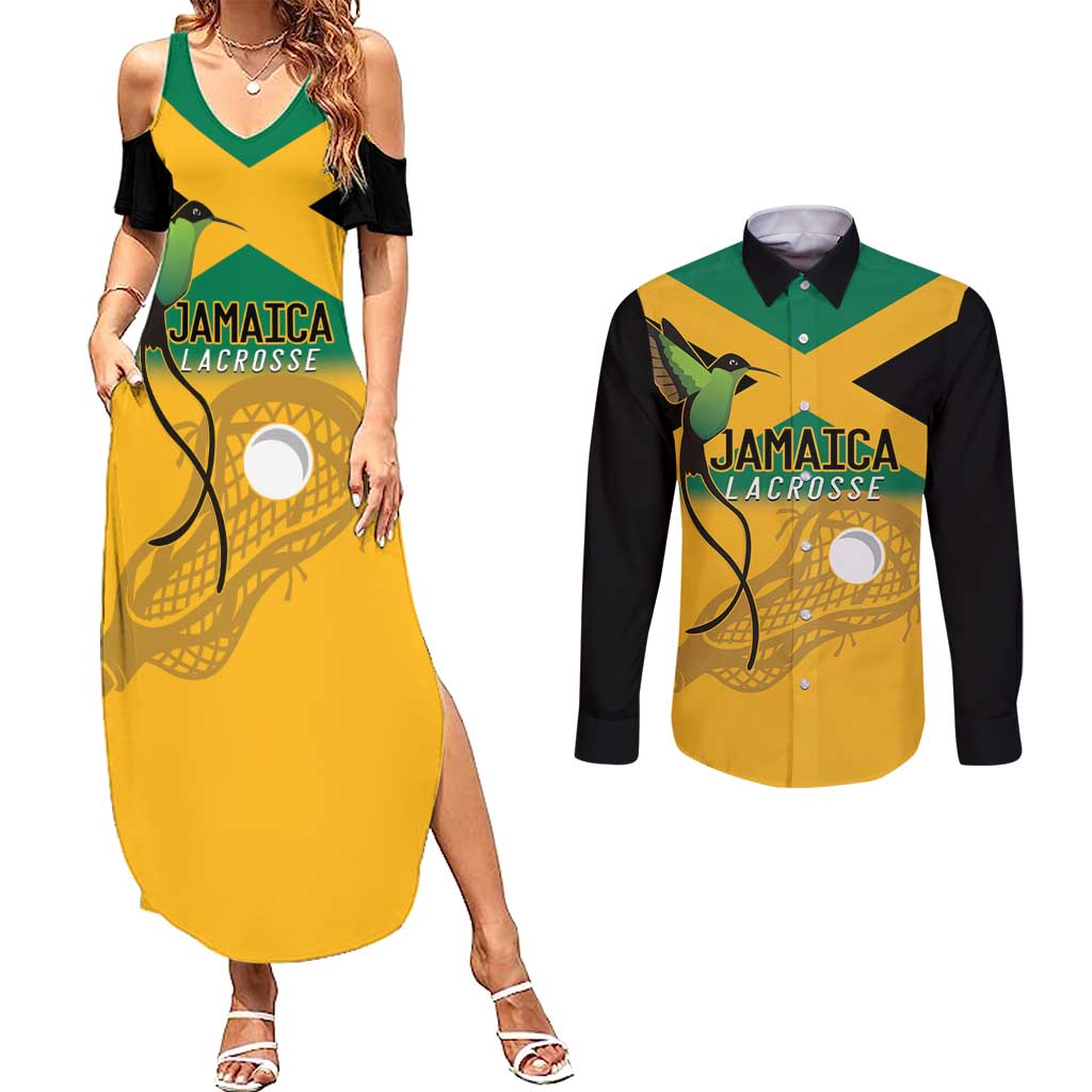Custom Jamaica Lacrosse Couples Matching Summer Maxi Dress and Long Sleeve Button Shirt Streamertail Hummingbird With Flag - Wonder Print Shop