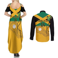 Custom Jamaica Lacrosse Couples Matching Summer Maxi Dress and Long Sleeve Button Shirt Streamertail Hummingbird With Flag - Wonder Print Shop