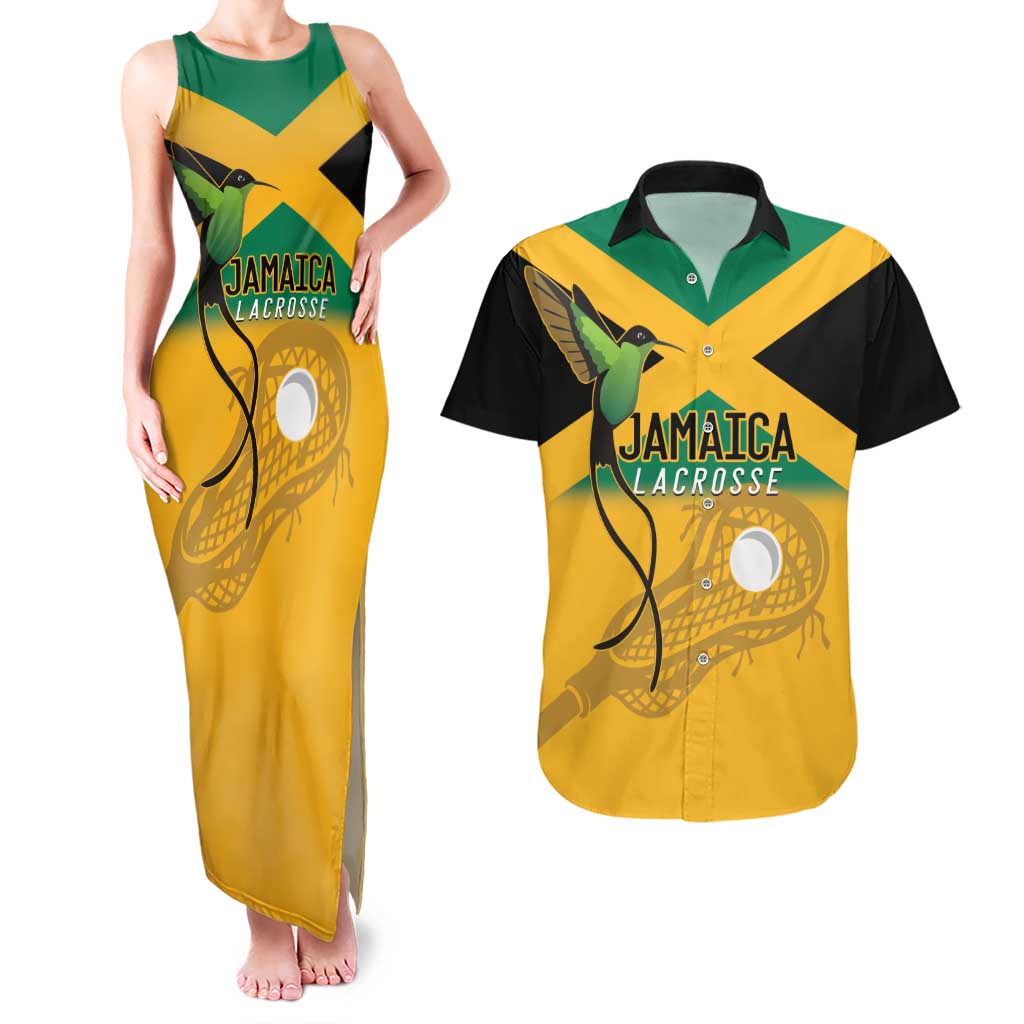 Custom Jamaica Lacrosse Couples Matching Tank Maxi Dress and Hawaiian Shirt Streamertail Hummingbird With Flag - Wonder Print Shop