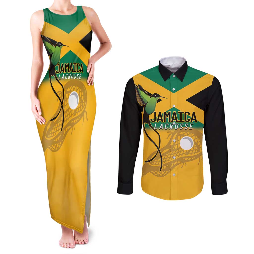 Custom Jamaica Lacrosse Couples Matching Tank Maxi Dress and Long Sleeve Button Shirt Streamertail Hummingbird With Flag - Wonder Print Shop
