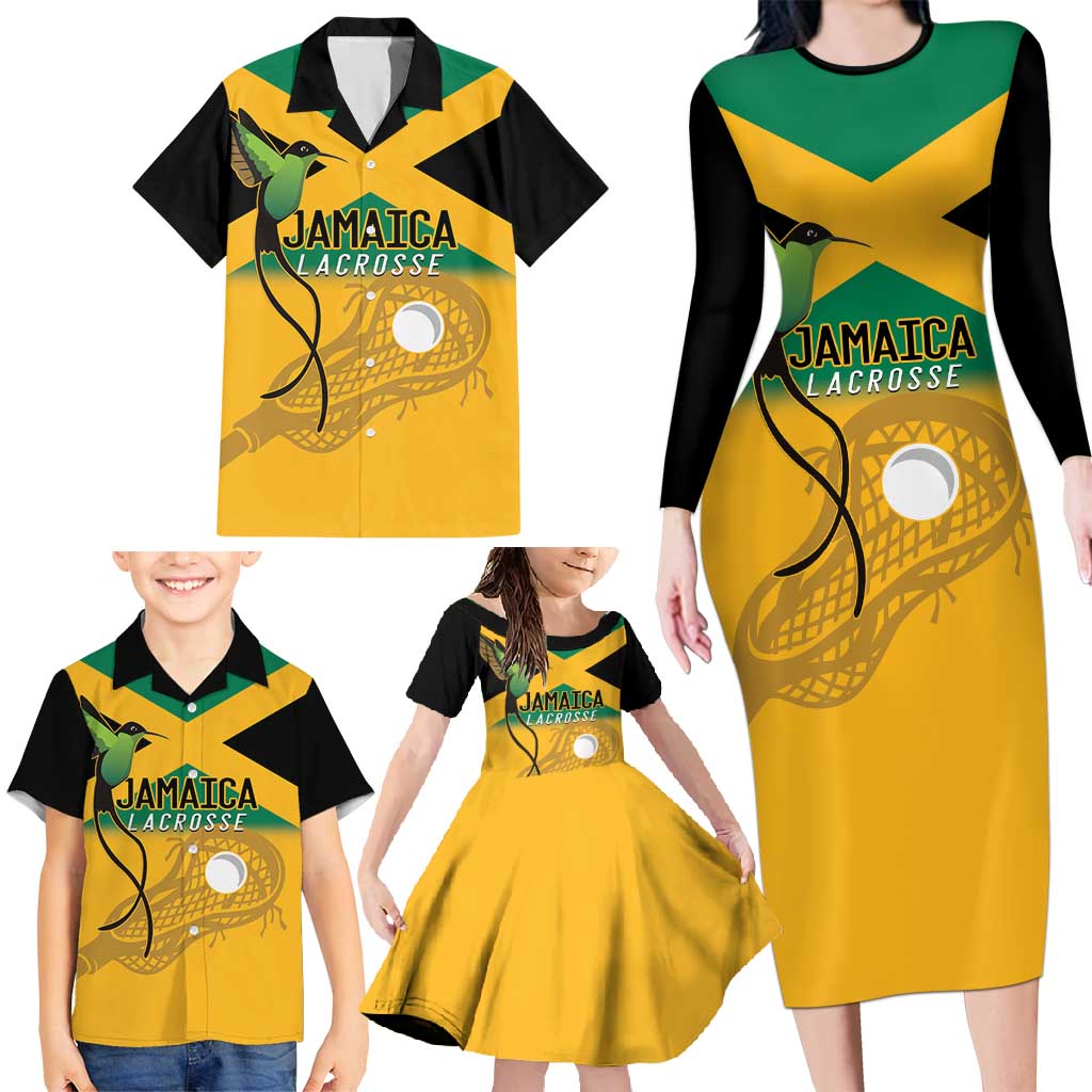 Custom Jamaica Lacrosse Family Matching Long Sleeve Bodycon Dress and Hawaiian Shirt Streamertail Hummingbird With Flag - Wonder Print Shop