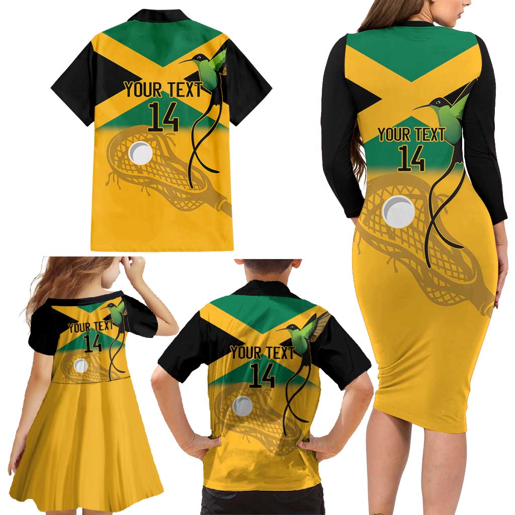 Custom Jamaica Lacrosse Family Matching Long Sleeve Bodycon Dress and Hawaiian Shirt Streamertail Hummingbird With Flag - Wonder Print Shop