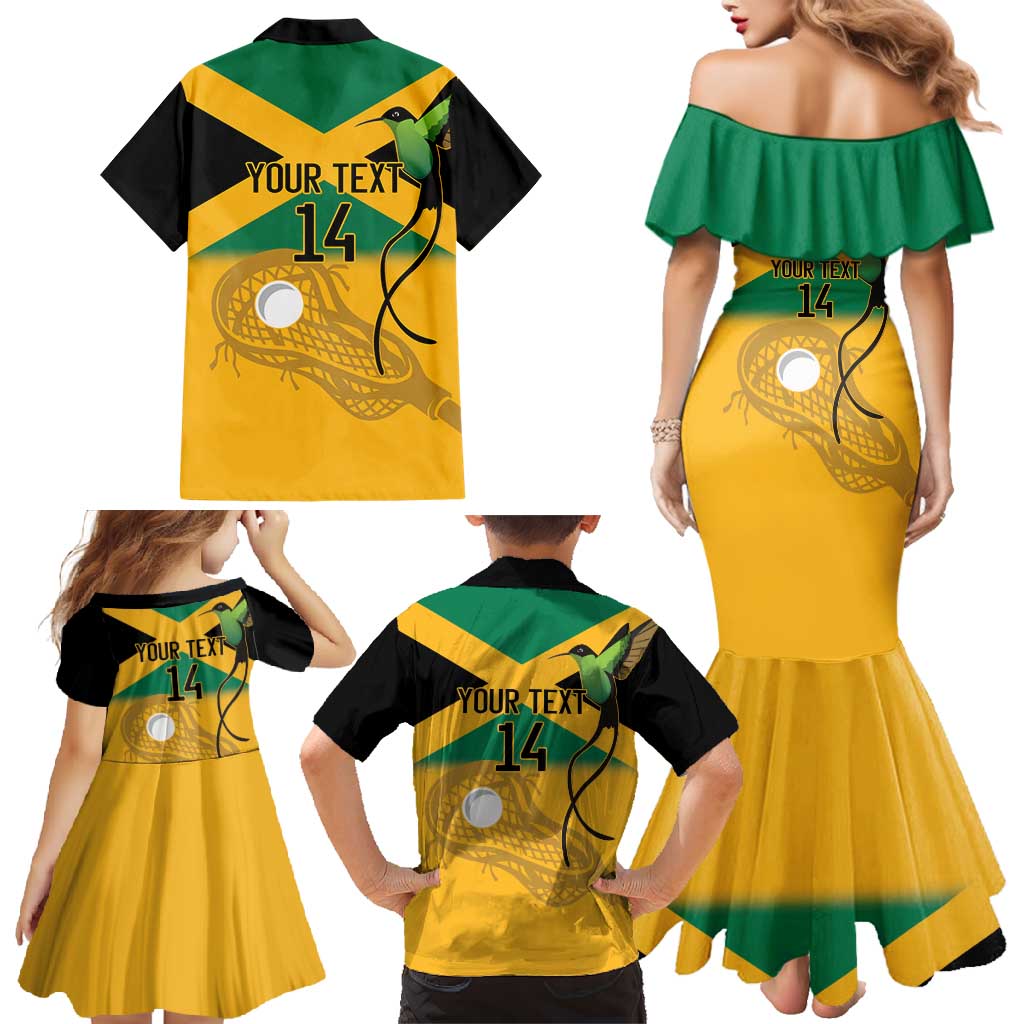 Custom Jamaica Lacrosse Family Matching Mermaid Dress and Hawaiian Shirt Streamertail Hummingbird With Flag - Wonder Print Shop