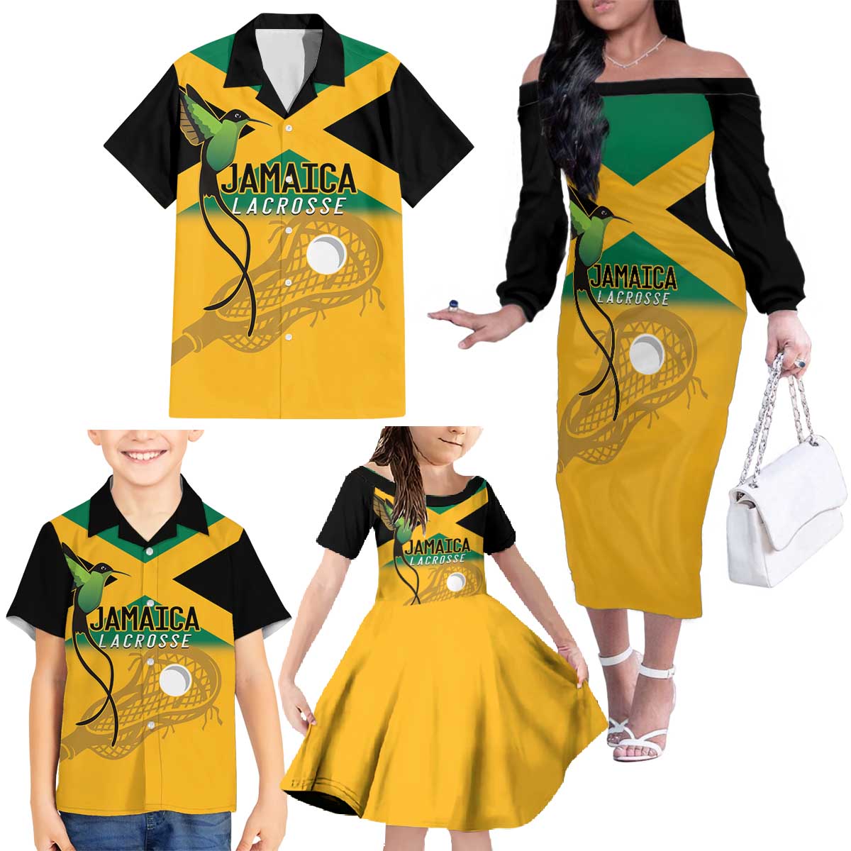 Custom Jamaica Lacrosse Family Matching Off The Shoulder Long Sleeve Dress and Hawaiian Shirt Streamertail Hummingbird With Flag - Wonder Print Shop