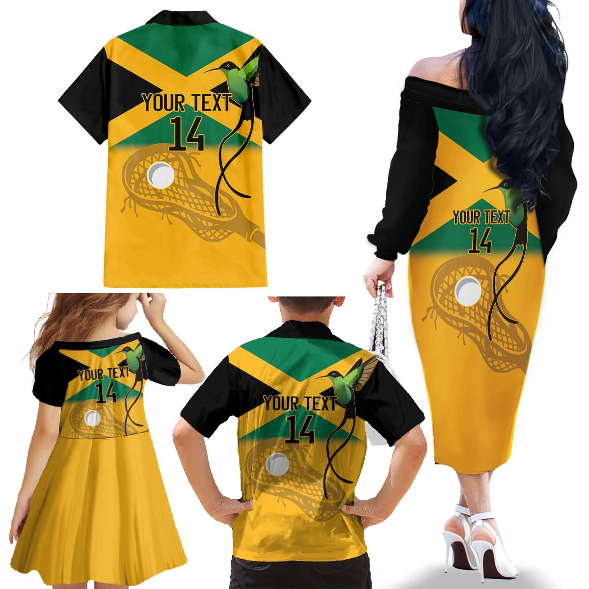 Custom Jamaica Lacrosse Family Matching Off The Shoulder Long Sleeve Dress and Hawaiian Shirt Streamertail Hummingbird With Flag - Wonder Print Shop