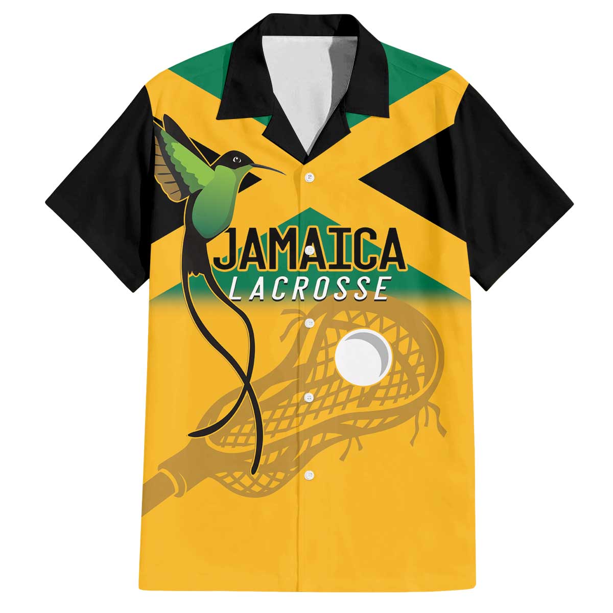 Custom Jamaica Lacrosse Family Matching Off The Shoulder Long Sleeve Dress and Hawaiian Shirt Streamertail Hummingbird With Flag - Wonder Print Shop