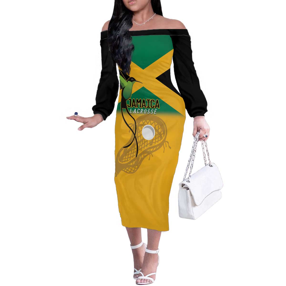 Custom Jamaica Lacrosse Family Matching Off The Shoulder Long Sleeve Dress and Hawaiian Shirt Streamertail Hummingbird With Flag - Wonder Print Shop