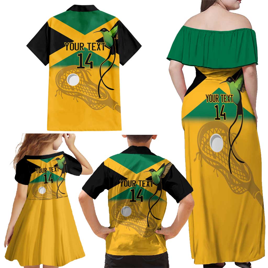 Custom Jamaica Lacrosse Family Matching Off Shoulder Maxi Dress and Hawaiian Shirt Streamertail Hummingbird With Flag - Wonder Print Shop
