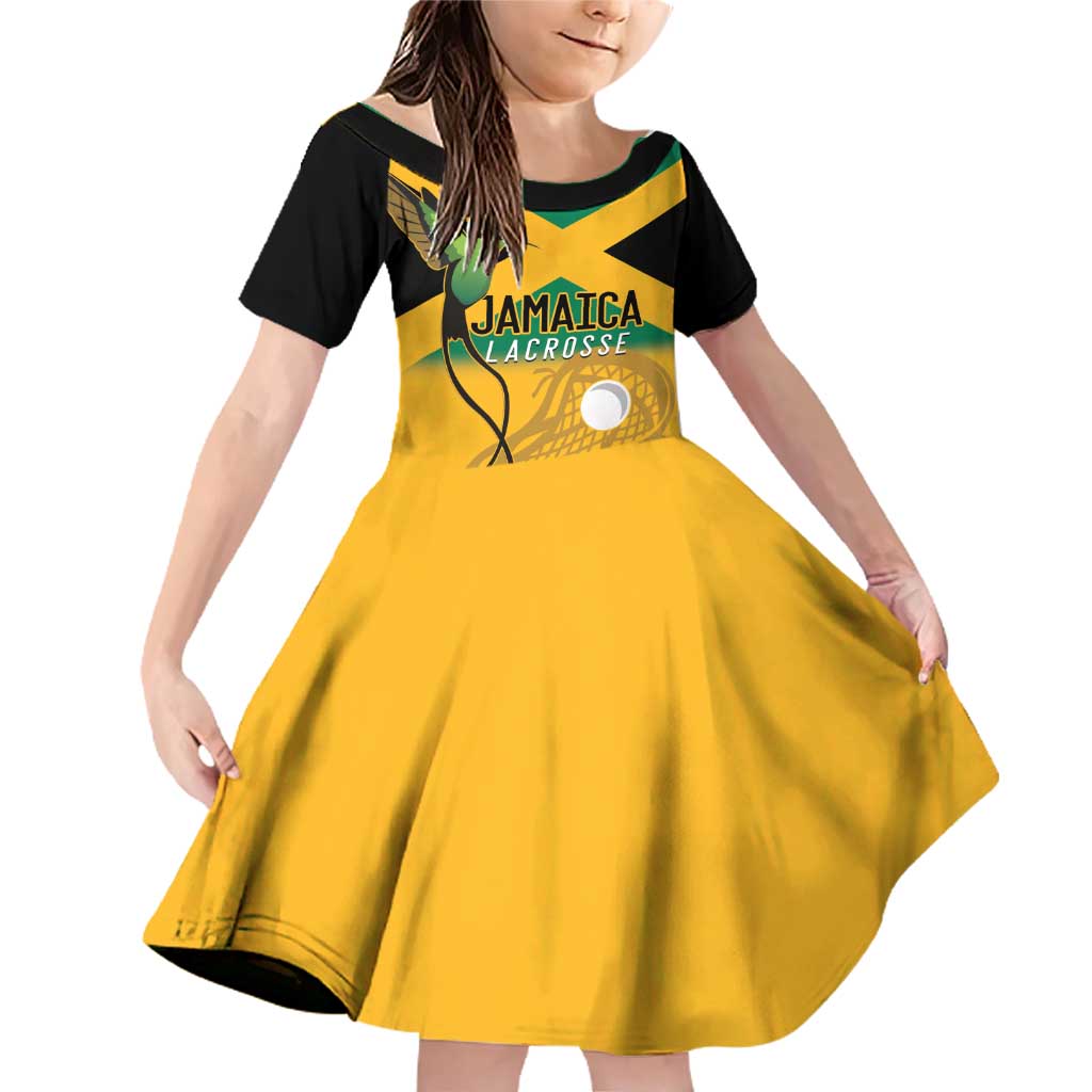 Custom Jamaica Lacrosse Family Matching Off Shoulder Short Dress and Hawaiian Shirt Streamertail Hummingbird With Flag - Wonder Print Shop