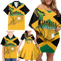 Custom Jamaica Lacrosse Family Matching Off Shoulder Short Dress and Hawaiian Shirt Streamertail Hummingbird With Flag - Wonder Print Shop