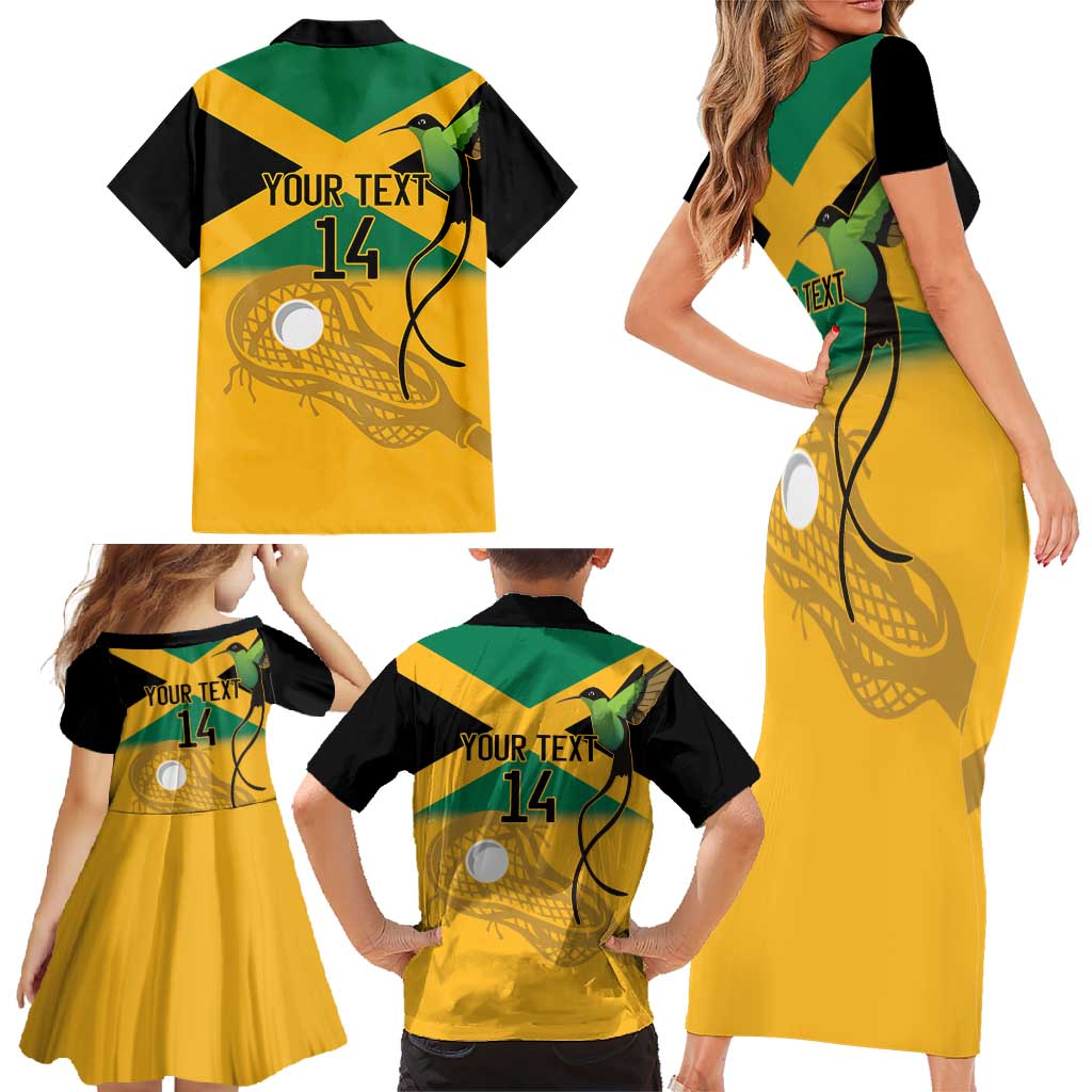 Custom Jamaica Lacrosse Family Matching Short Sleeve Bodycon Dress and Hawaiian Shirt Streamertail Hummingbird With Flag - Wonder Print Shop