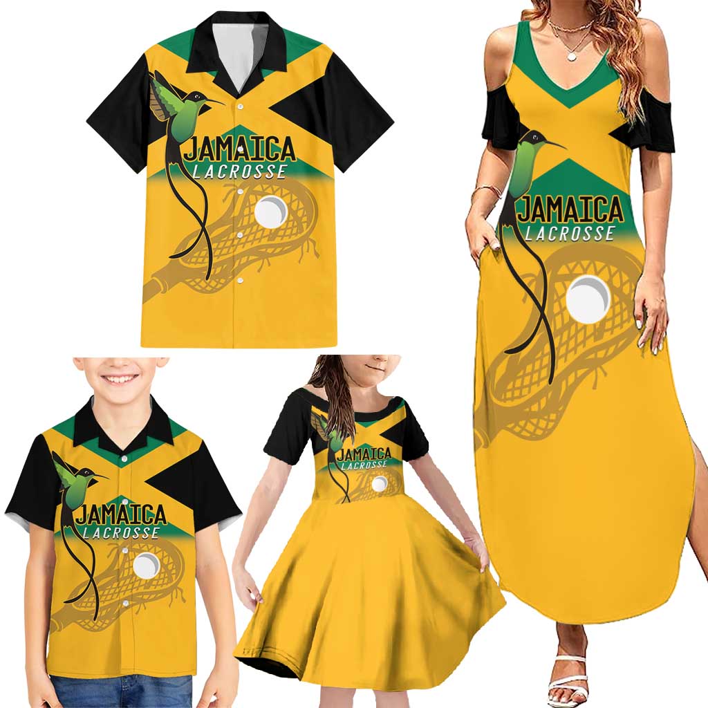 Custom Jamaica Lacrosse Family Matching Summer Maxi Dress and Hawaiian Shirt Streamertail Hummingbird With Flag - Wonder Print Shop