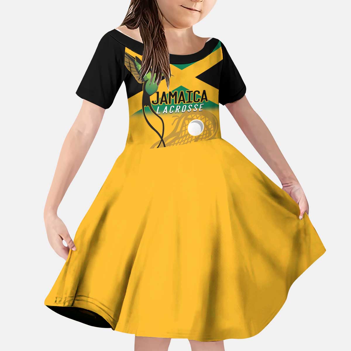 Custom Jamaica Lacrosse Kid Short Sleeve Dress Streamertail Hummingbird With Flag - Wonder Print Shop