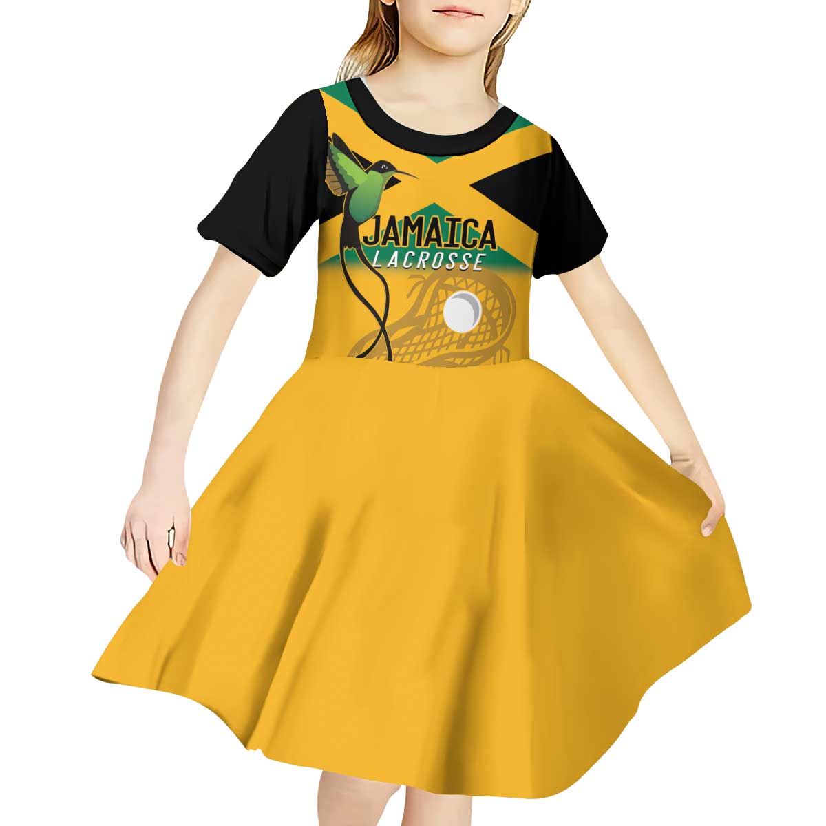 Custom Jamaica Lacrosse Kid Short Sleeve Dress Streamertail Hummingbird With Flag - Wonder Print Shop