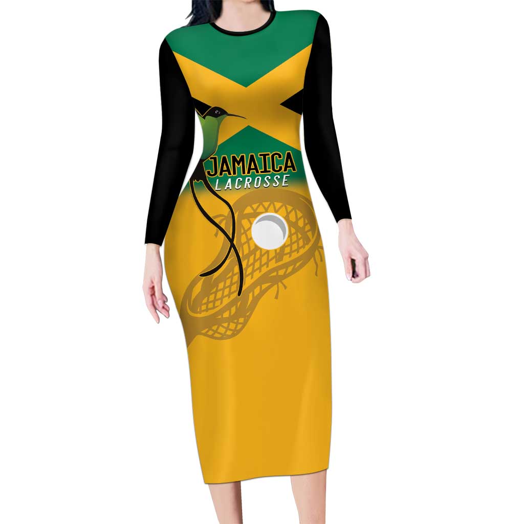 Custom Jamaica Lacrosse Long Sleeve Bodycon Dress Streamertail Hummingbird With Flag - Wonder Print Shop