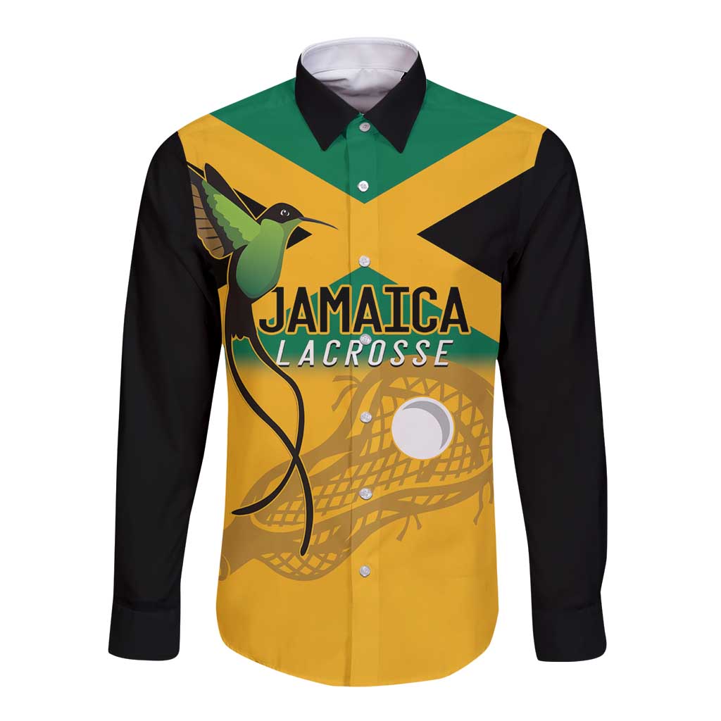 Custom Jamaica Lacrosse Long Sleeve Button Shirt Streamertail Hummingbird With Flag - Wonder Print Shop