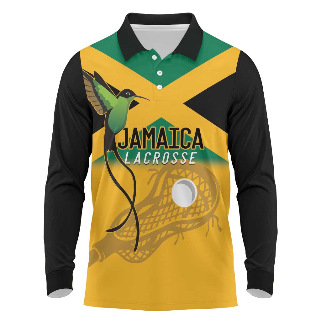 Custom Jamaica Lacrosse Long Sleeve Polo Shirt Streamertail Hummingbird With Flag - Wonder Print Shop