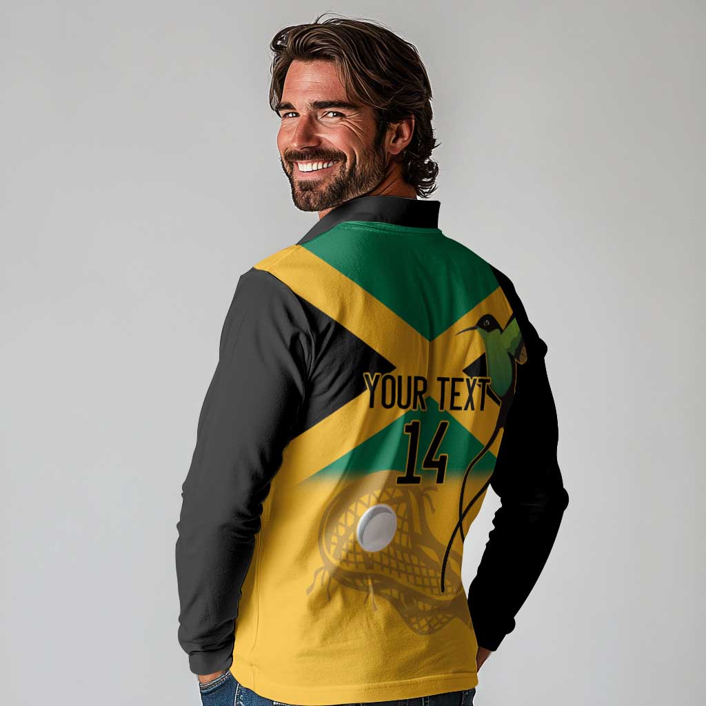 Custom Jamaica Lacrosse Long Sleeve Polo Shirt Streamertail Hummingbird With Flag - Wonder Print Shop