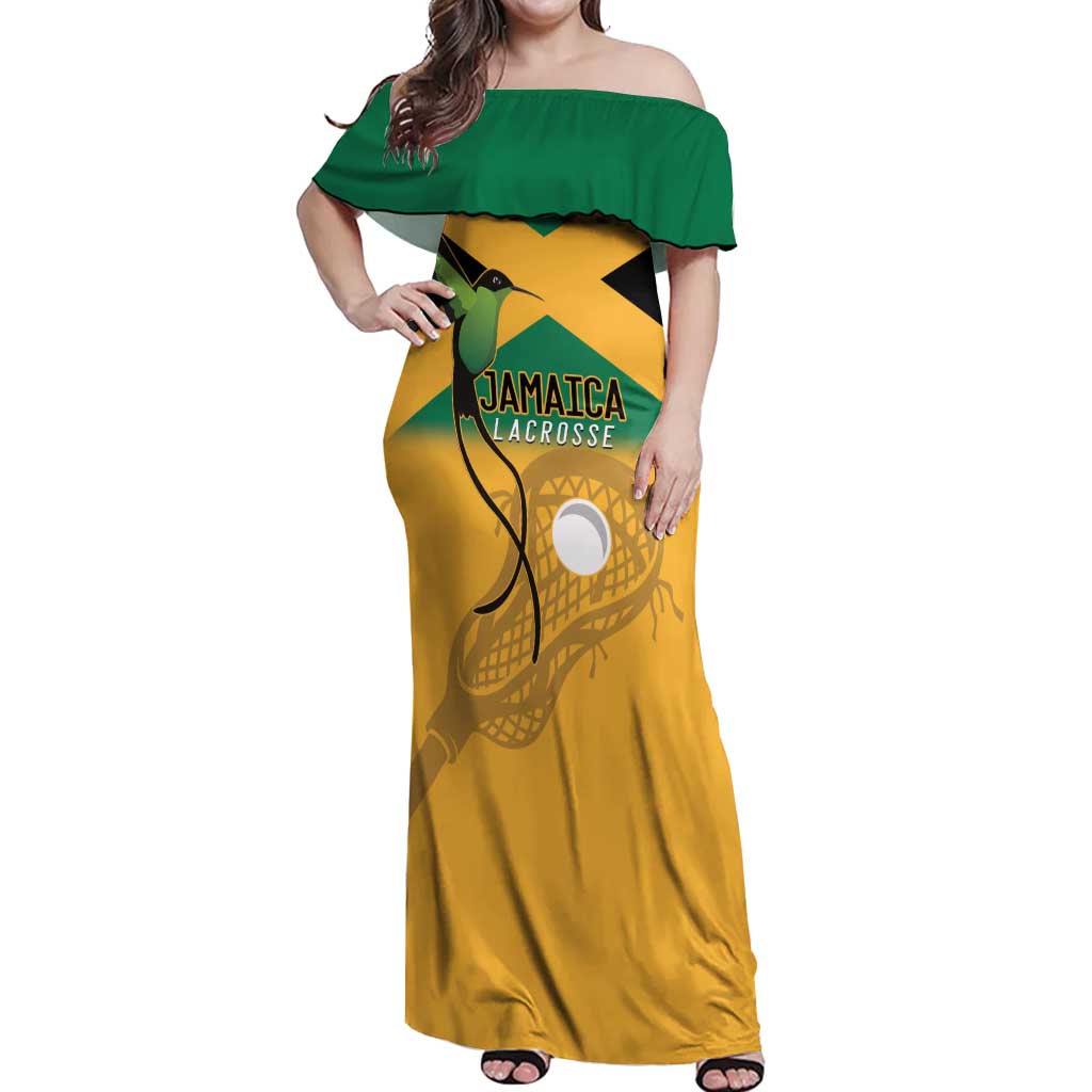 Custom Jamaica Lacrosse Off Shoulder Maxi Dress Streamertail Hummingbird With Flag - Wonder Print Shop