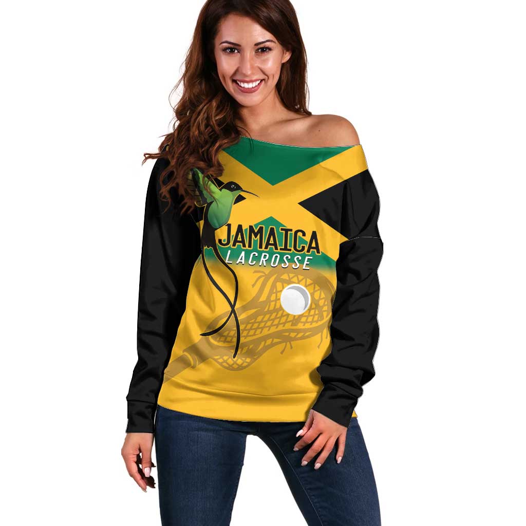 Custom Jamaica Lacrosse Off Shoulder Sweater Streamertail Hummingbird With Flag - Wonder Print Shop