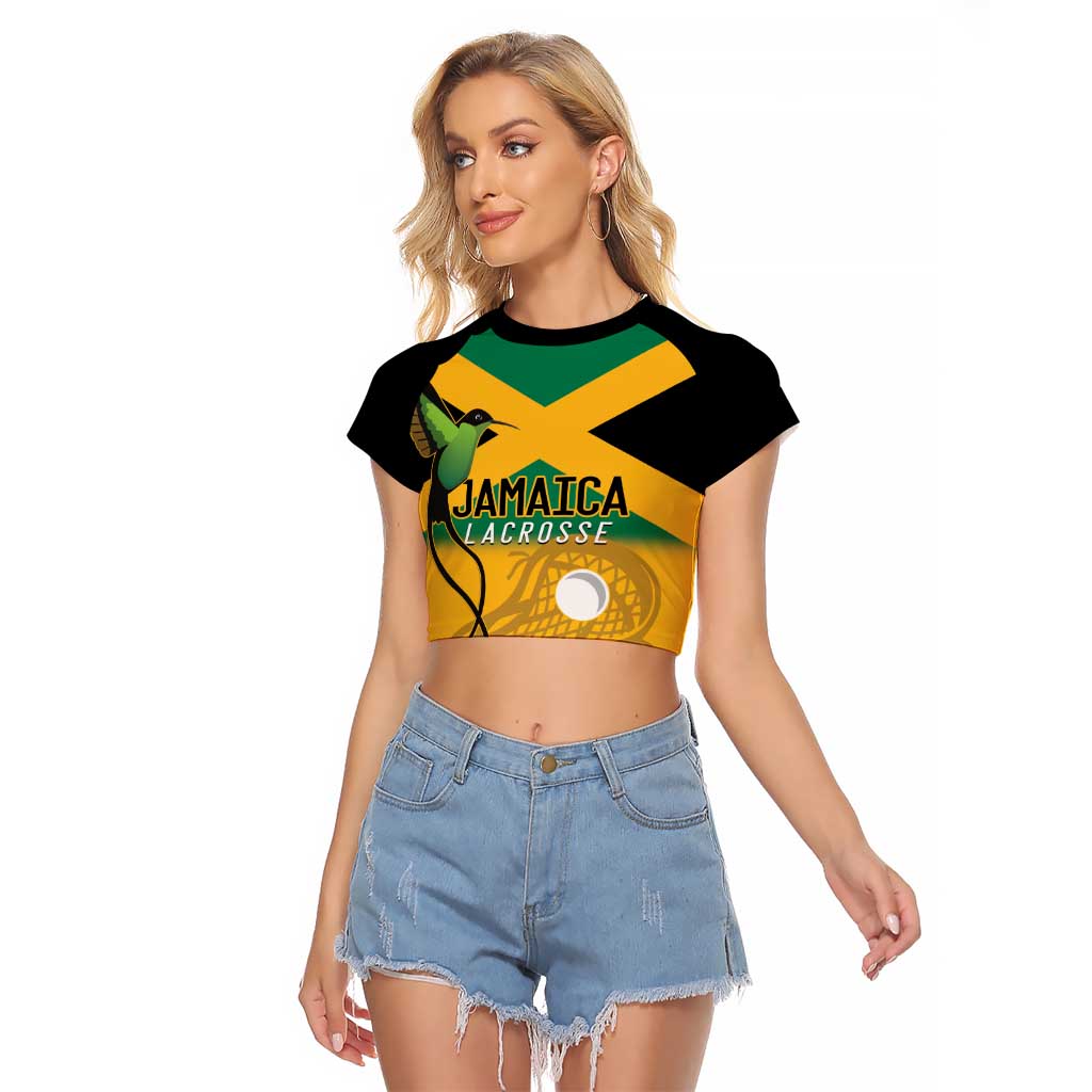 Custom Jamaica Lacrosse Raglan Cropped T Shirt Streamertail Hummingbird With Flag - Wonder Print Shop