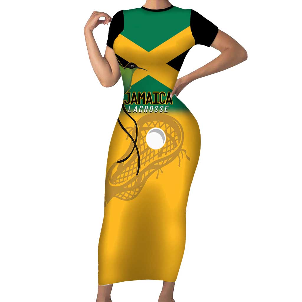 Custom Jamaica Lacrosse Short Sleeve Bodycon Dress Streamertail Hummingbird With Flag - Wonder Print Shop