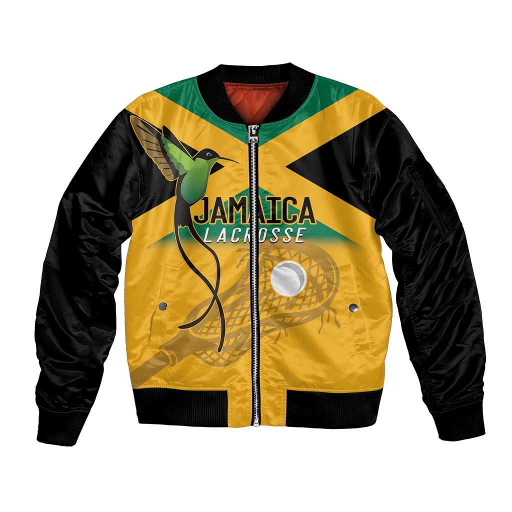 Custom Jamaica Lacrosse Sleeve Zip Bomber Jacket Streamertail Hummingbird With Flag - Wonder Print Shop