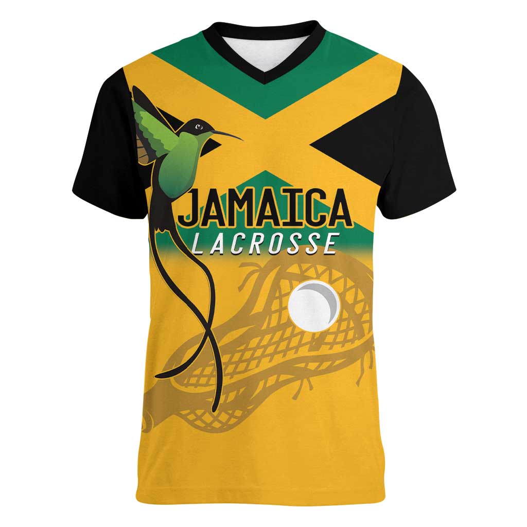 Custom Jamaica Lacrosse Women V-Neck T-Shirt Streamertail Hummingbird With Flag - Wonder Print Shop