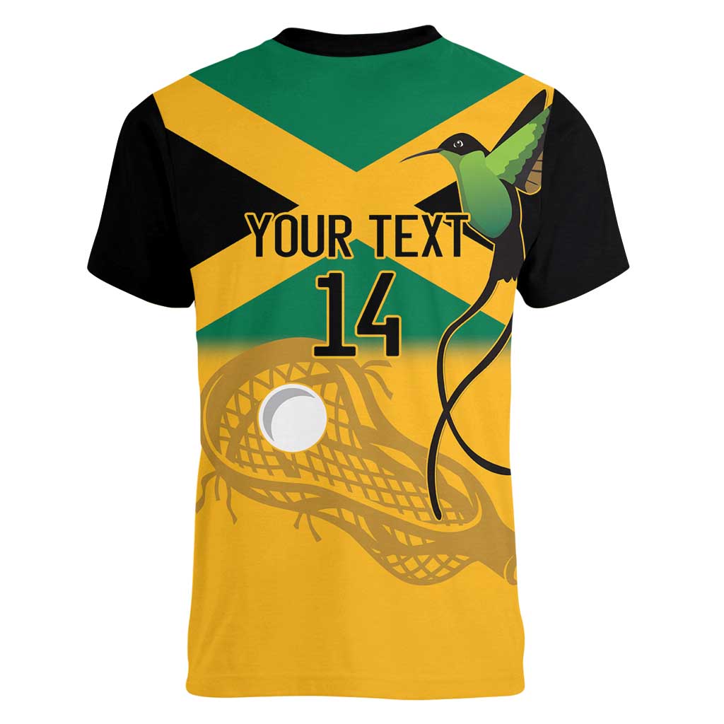Custom Jamaica Lacrosse Women V-Neck T-Shirt Streamertail Hummingbird With Flag - Wonder Print Shop