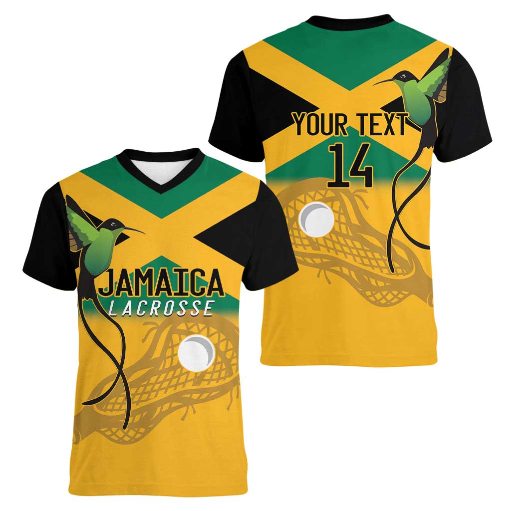 Custom Jamaica Lacrosse Women V-Neck T-Shirt Streamertail Hummingbird With Flag - Wonder Print Shop