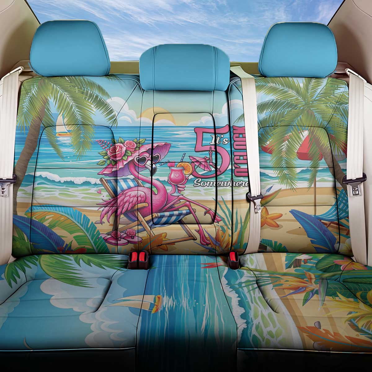 Flamingo Aloha Hawaii Back Car Seat Cover It's 5 O’Clock Somewhere Tropical Vibes - Wonder Print Shop