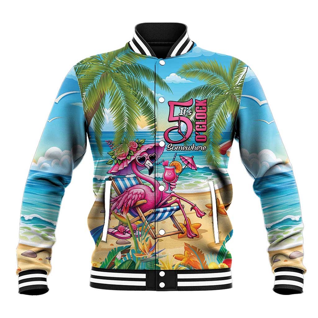 Flamingo Aloha Hawaii Baseball Jacket It's 5 O’Clock Somewhere Tropical Vibes - Wonder Print Shop