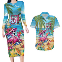 Flamingo Aloha Hawaii Couples Matching Long Sleeve Bodycon Dress and Hawaiian Shirt It's 5 O’Clock Somewhere Tropical Vibes - Wonder Print Shop