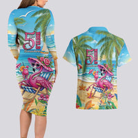 Flamingo Aloha Hawaii Couples Matching Long Sleeve Bodycon Dress and Hawaiian Shirt It's 5 O’Clock Somewhere Tropical Vibes - Wonder Print Shop