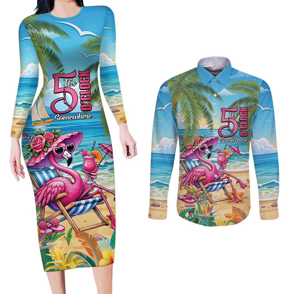 Flamingo Aloha Hawaii Couples Matching Long Sleeve Bodycon Dress and Long Sleeve Button Shirt It's 5 O’Clock Somewhere Tropical Vibes - Wonder Print Shop