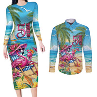 Flamingo Aloha Hawaii Couples Matching Long Sleeve Bodycon Dress and Long Sleeve Button Shirt It's 5 O’Clock Somewhere Tropical Vibes - Wonder Print Shop