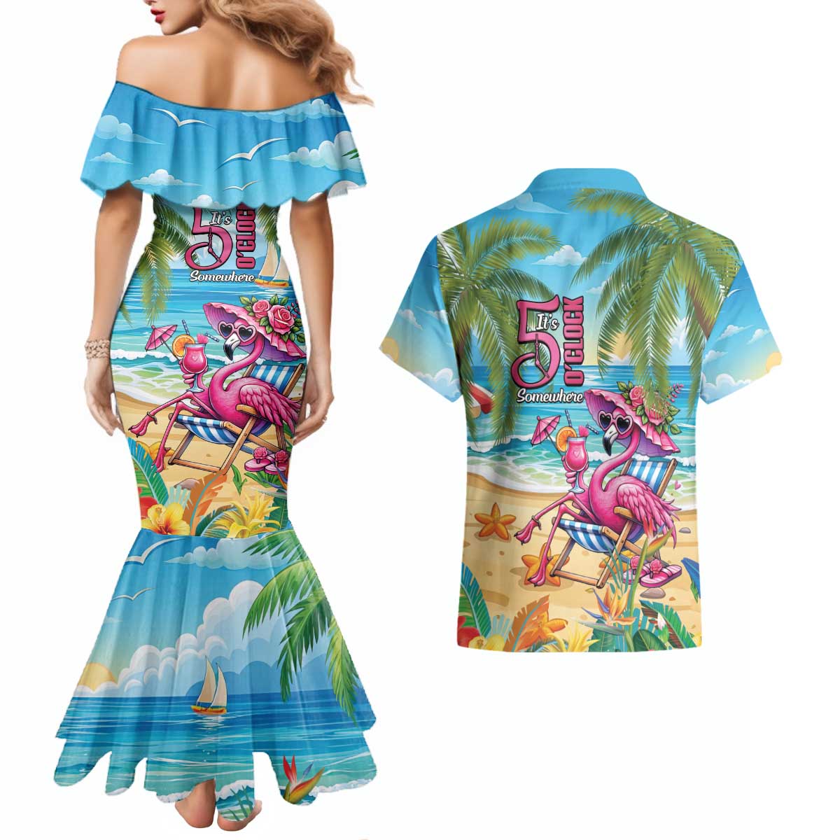 Flamingo Aloha Hawaii Couples Matching Mermaid Dress and Hawaiian Shirt It's 5 O’Clock Somewhere Tropical Vibes - Wonder Print Shop